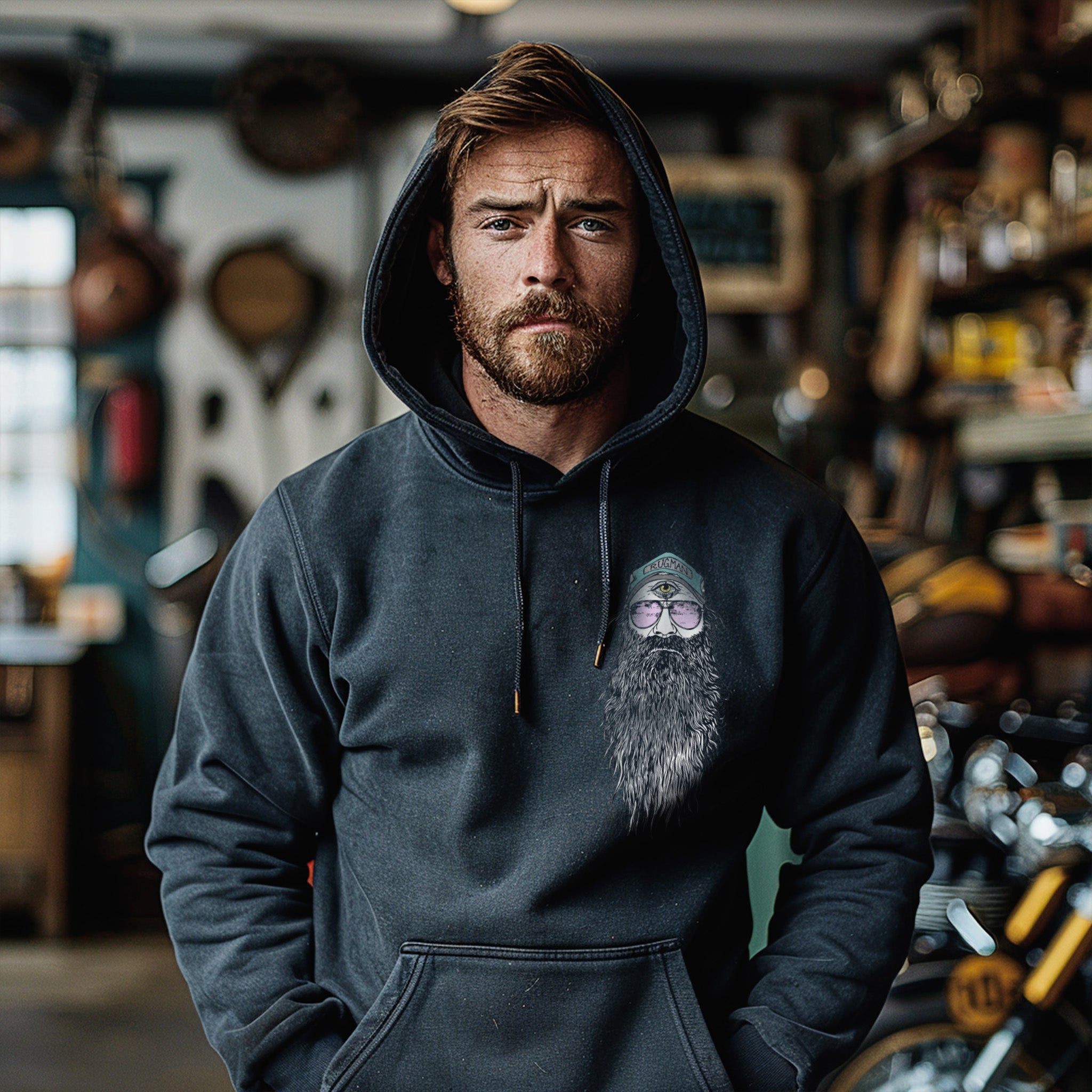 Bearded Man Hoodie in Smokey Black by Rum Knuckles