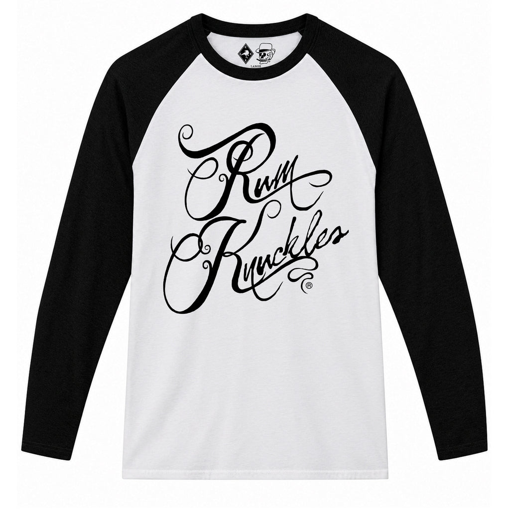 RUM KNUCKLES RK SCRIPT Baseball Tee - White/Black - front