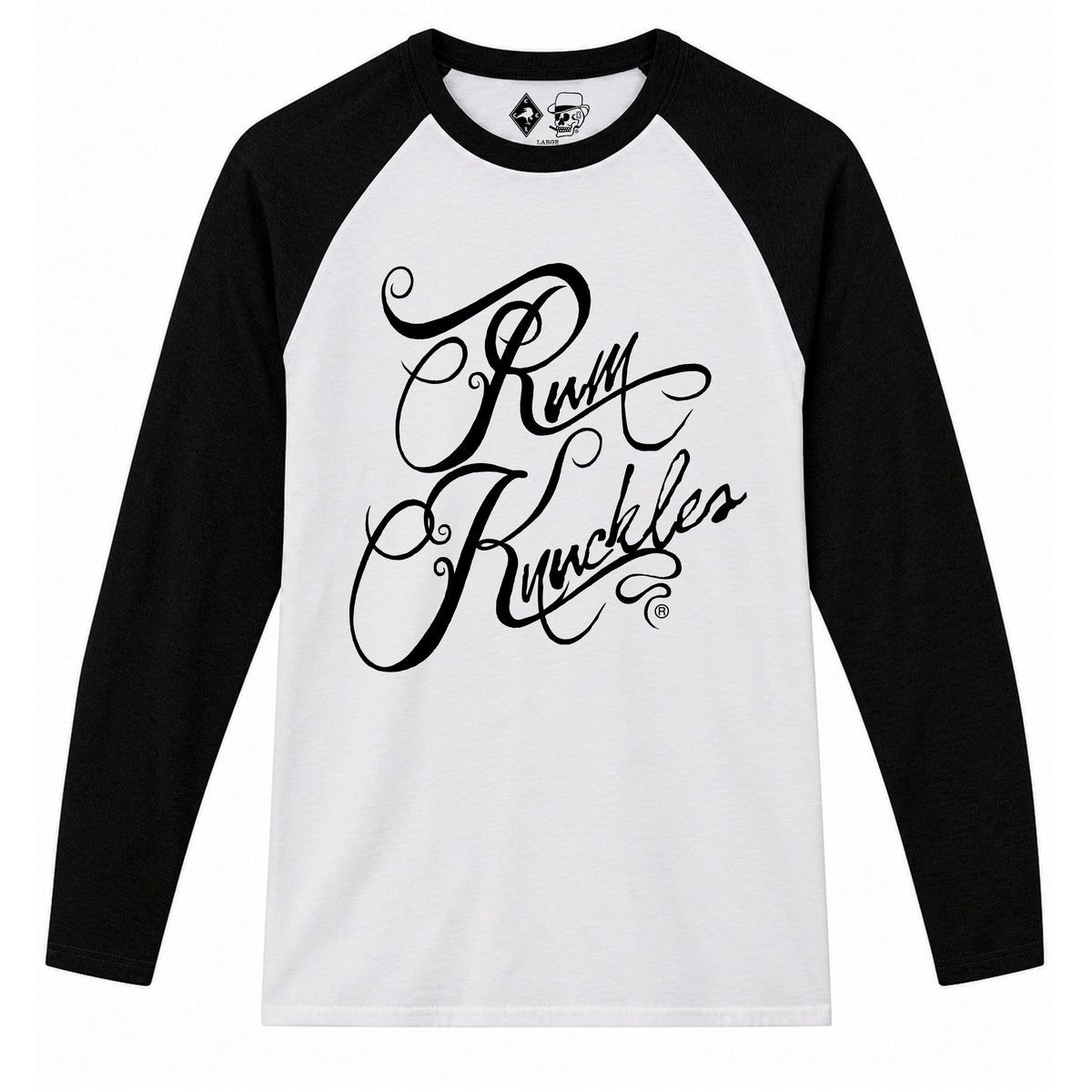 RUM KNUCKLES RK SCRIPT Baseball Tee - White/Black - front