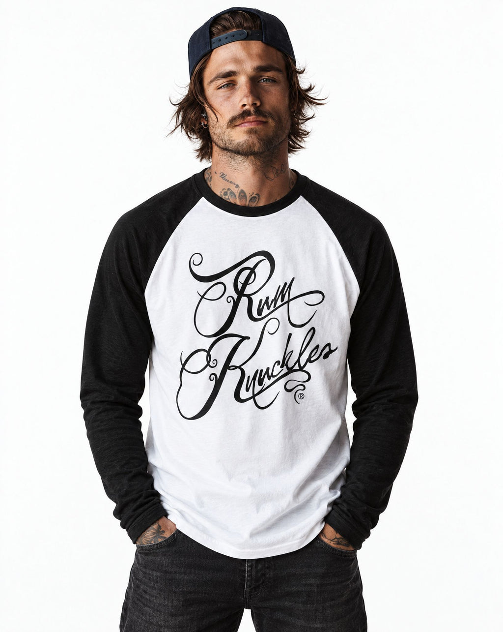 RUM KNUCKLES RK SCRIPT Baseball Tee - White/Black - model front