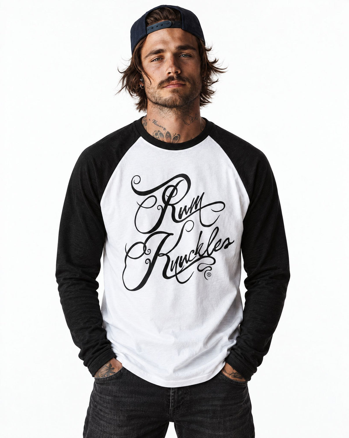RUM KNUCKLES RK SCRIPT Baseball Tee - White/Black - model front