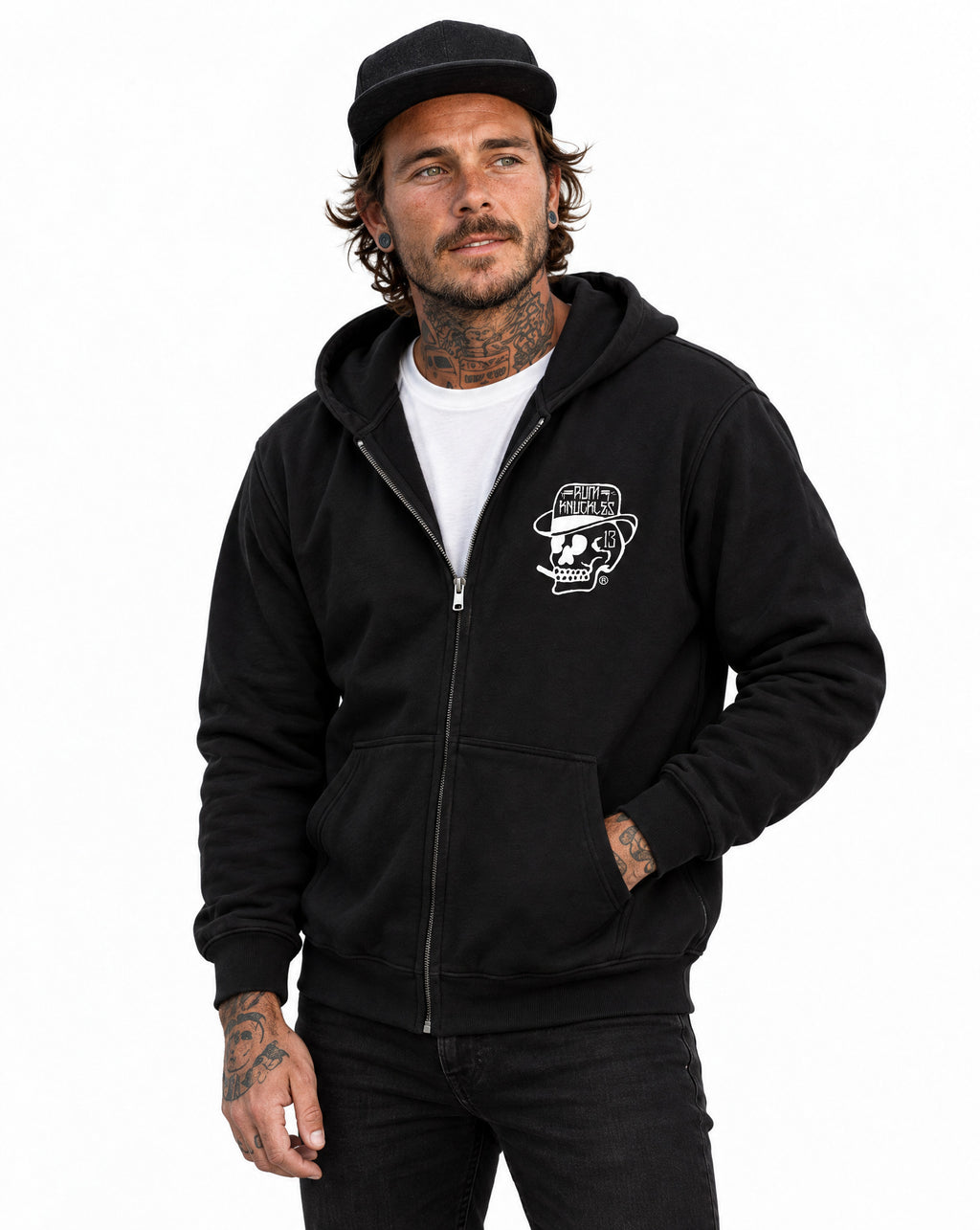 RUM KNUCKLES SMOKIN SKULL Zip Hoodie - Black - model front