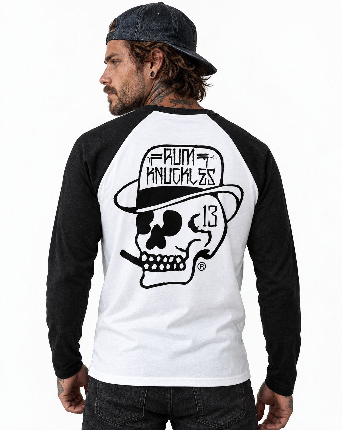 RUM KNUCKLES SMOKIN SKULL Baseball Tee - White/Black - model back