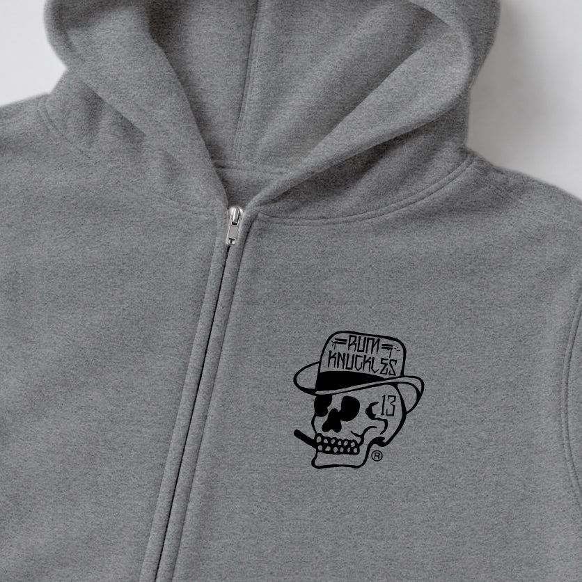 RUM KNUCKLES SMOKIN SKULL Zip Hoodie - Heather Grey - detail