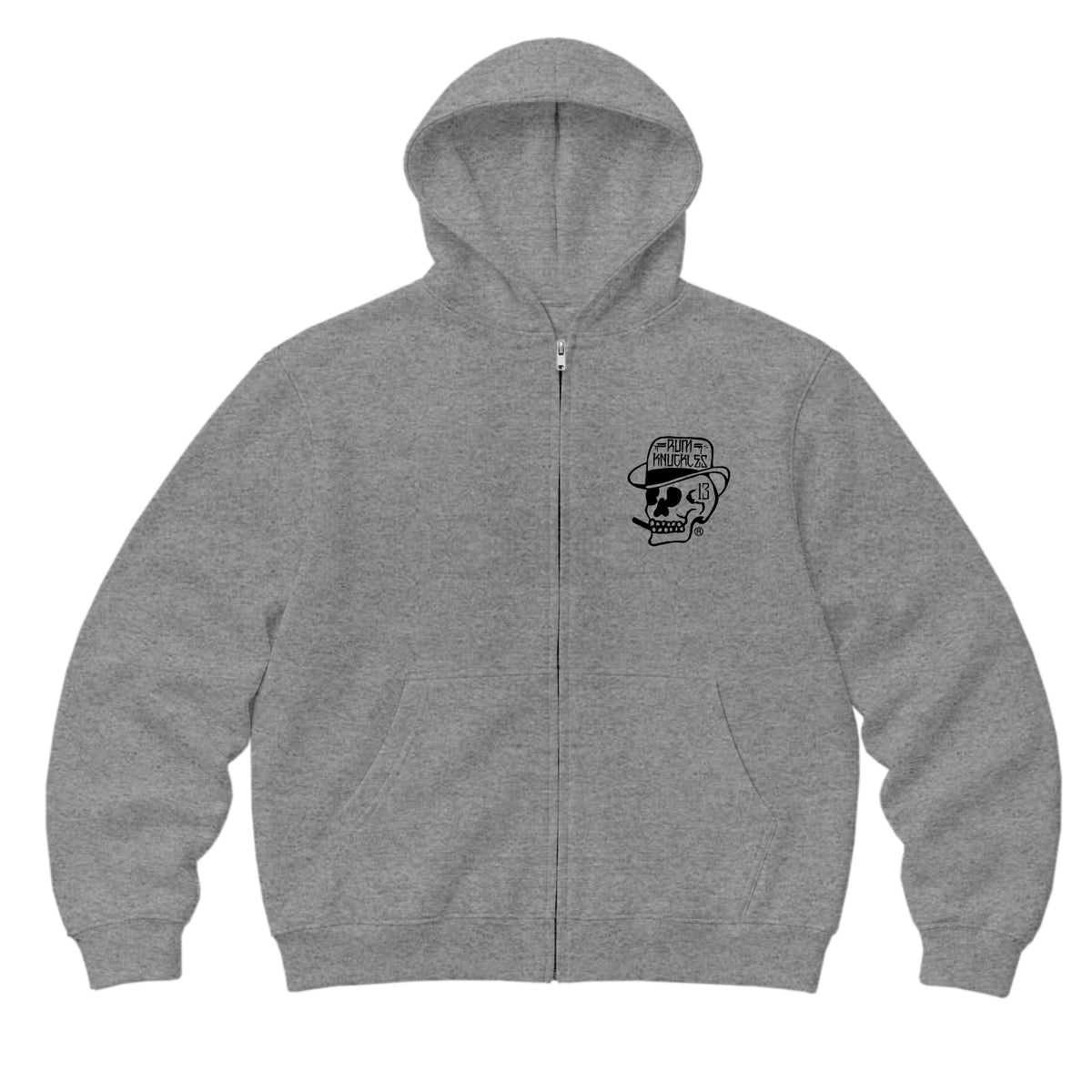 RUM KNUCKLES SMOKIN SKULL Zip Hoodie - Heather Grey - front