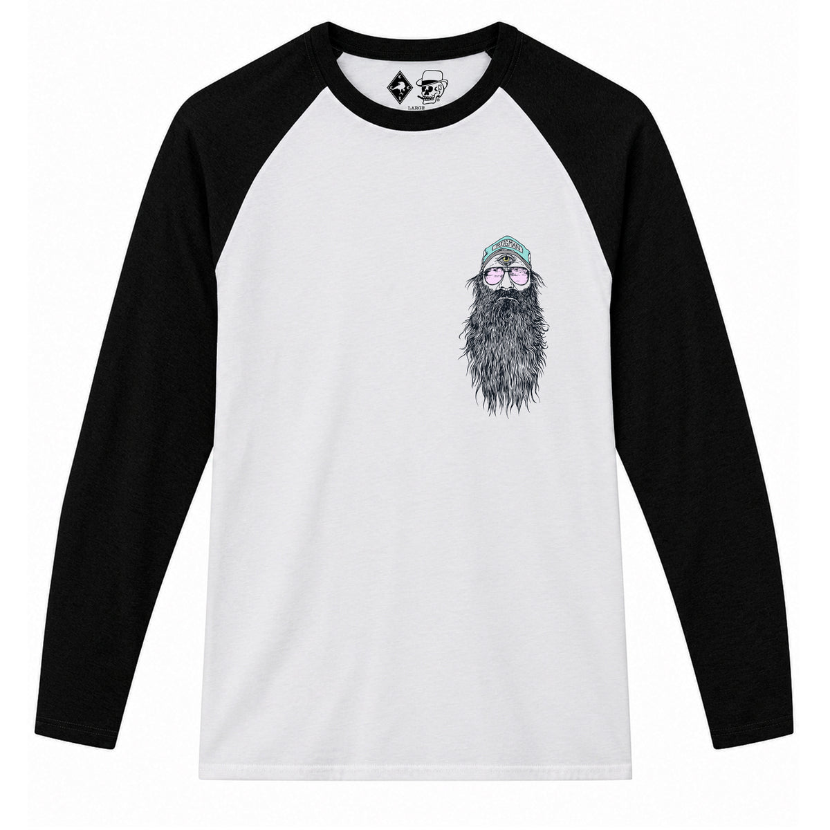 RUM KNUCKLES BEARDY MAN Baseball Tee - White/Black - front