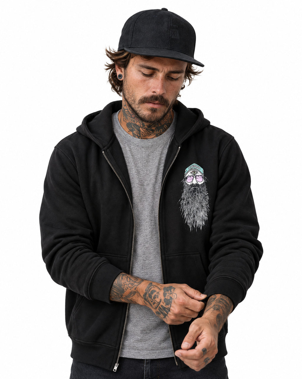 RUM KNUCKLES BEARDY MAN Zip Hoodie - Black - model front