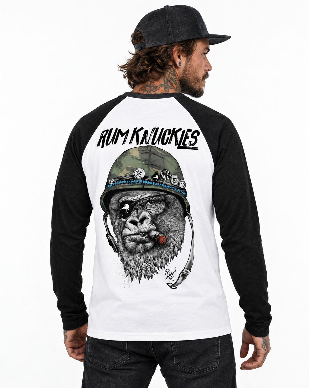 RUM KNUCKLES SILVERBACK Baseball Tee - White/Black - model back