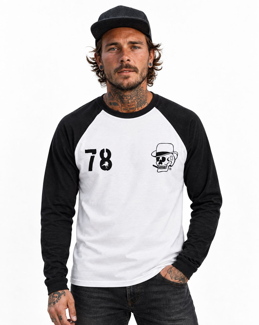 RUM KNUCKLES SILVERBACK Baseball Tee - White/Black - model front