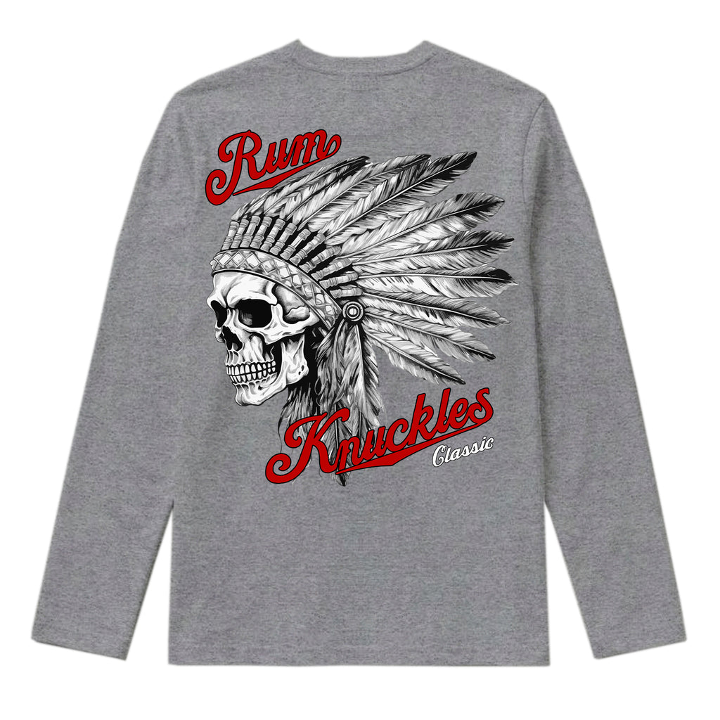 RUM KNUCKLES INDIAN SKULL Long Sleeve Tee - Heather Grey - back