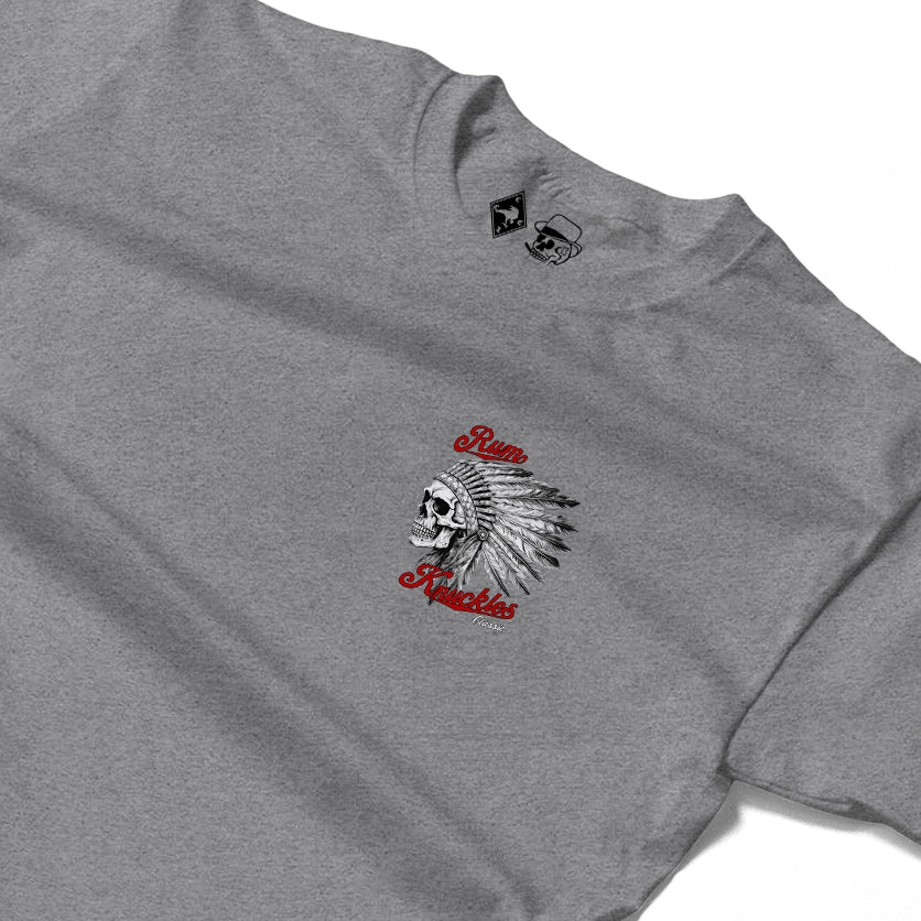RUM KNUCKLES INDIAN SKULL Long Sleeve Tee - Heather Grey - detail