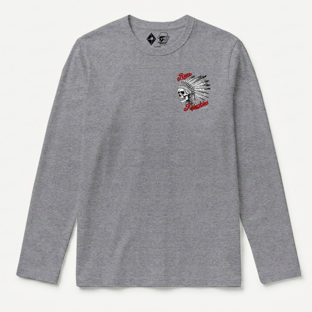 RUM KNUCKLES INDIAN SKULL Long Sleeve Tee - Heather Grey - front