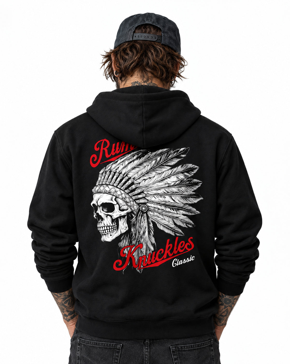 RUM KNUCKLES INDIAN SKULL Zip Hoodie - Black - model back