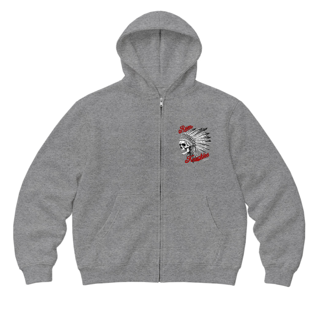 RUM KNUCKLES INDIAN SKULL Zip Hoodie - Heather Grey - front