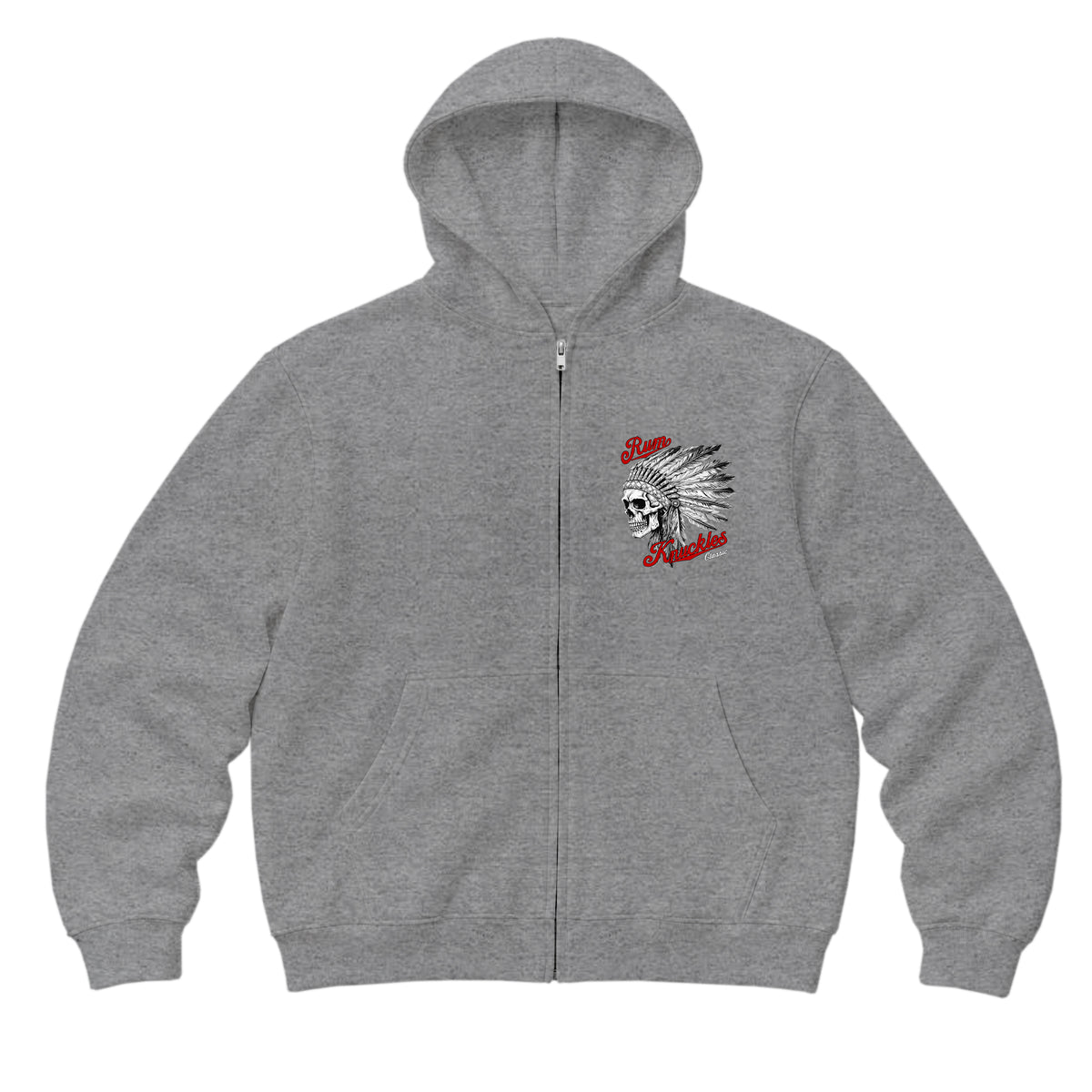 RUM KNUCKLES INDIAN SKULL Zip Hoodie - Heather Grey - front
