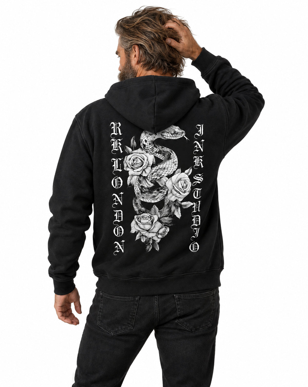 RUM KNUCKLES SNAKE INK Zip Hoodie - Black - model back