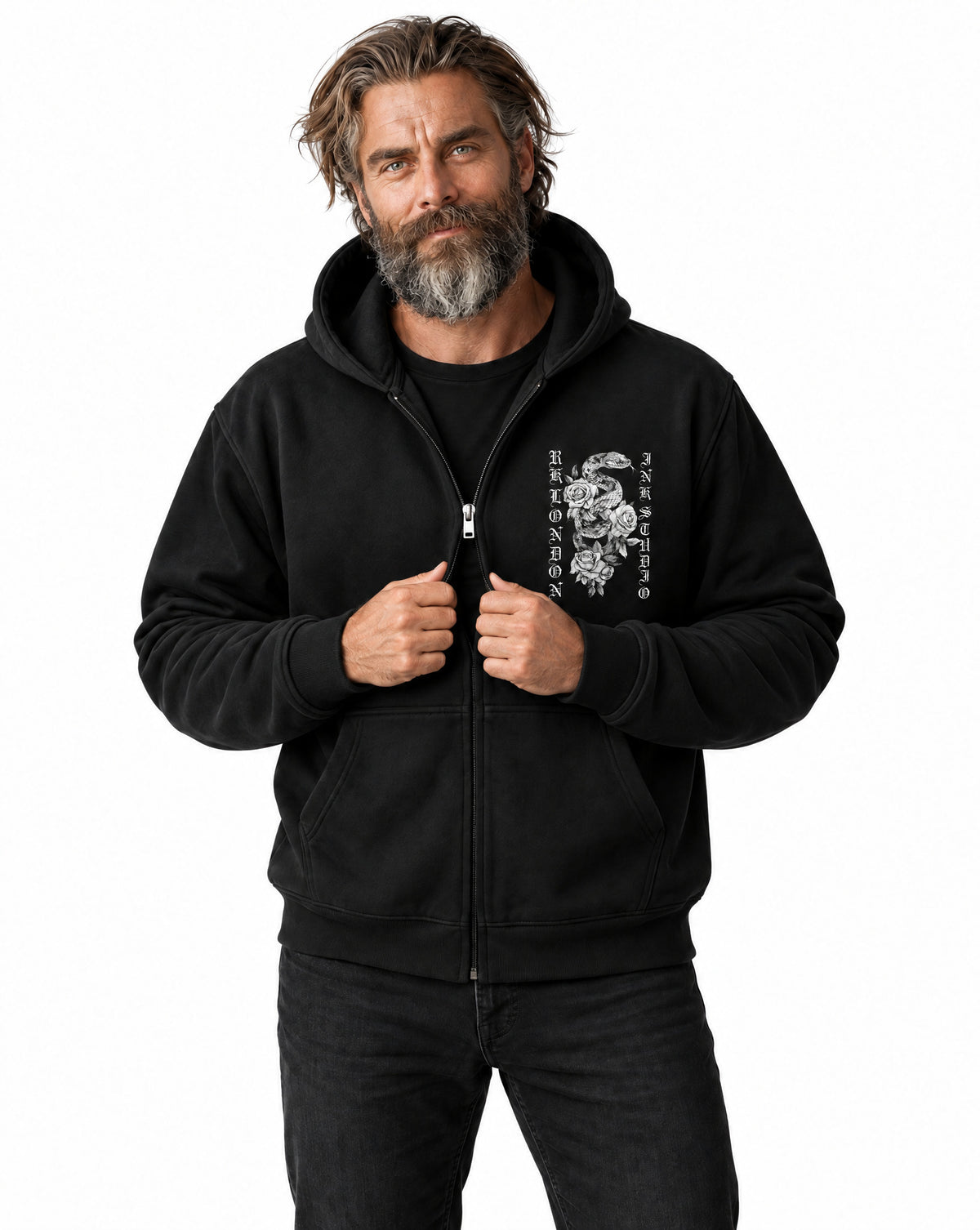 RUM KNUCKLES SNAKE INK Zip Hoodie - Black - model front