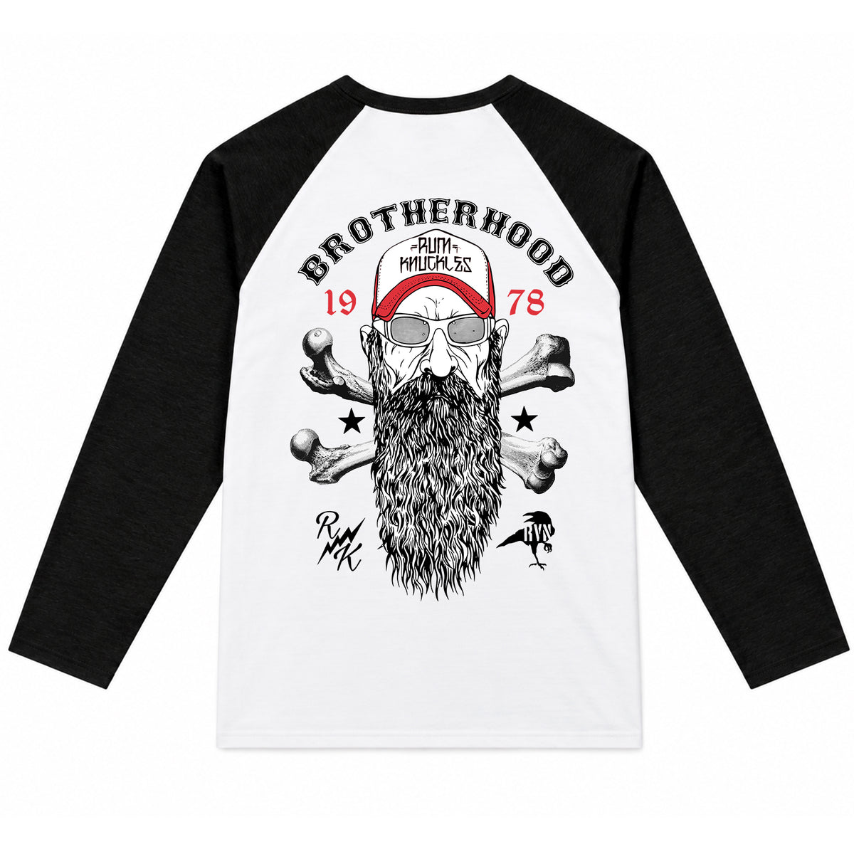 RUM KNUCKLES BROTHERHOOD Baseball Tee - White/Black - back