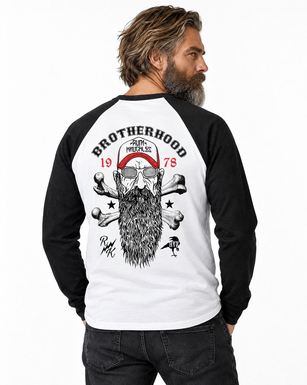 RUM KNUCKLES BROTHERHOOD Baseball Tee - White/Black - model back