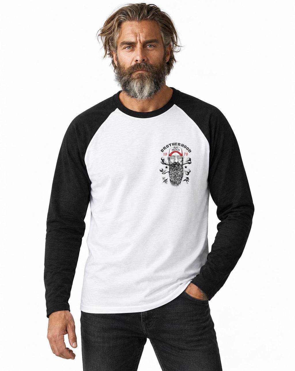 RUM KNUCKLES BROTHERHOOD Baseball Tee - White/Black - model front