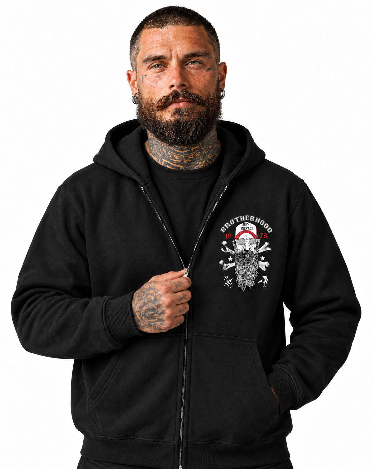 RUM KNUCKLES BROTHERHOOD Zip Hoodie - Black - model front
