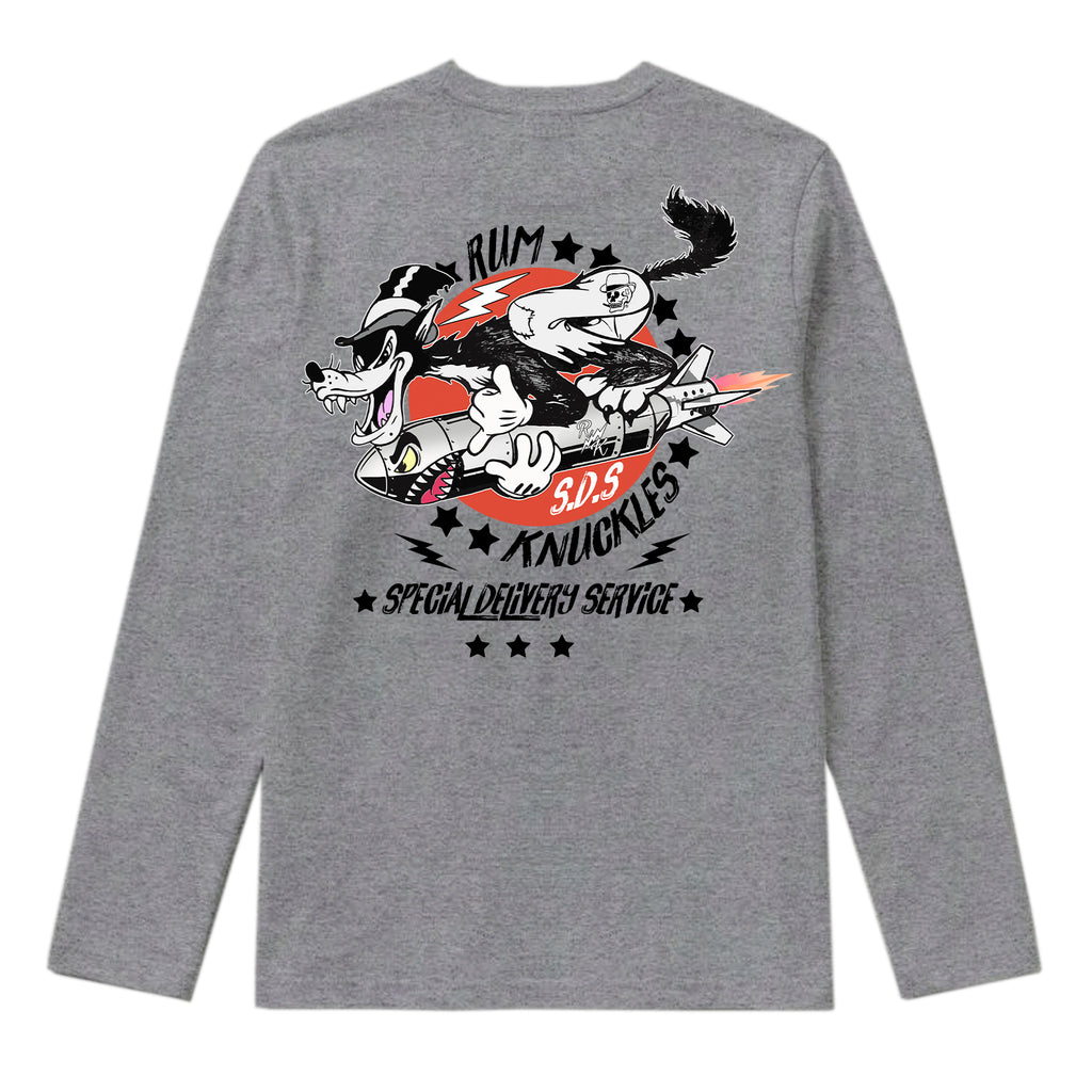 RUM KNUCKLES SPECIAL DELIVERY Long Sleeve Tee - Heather Grey - back