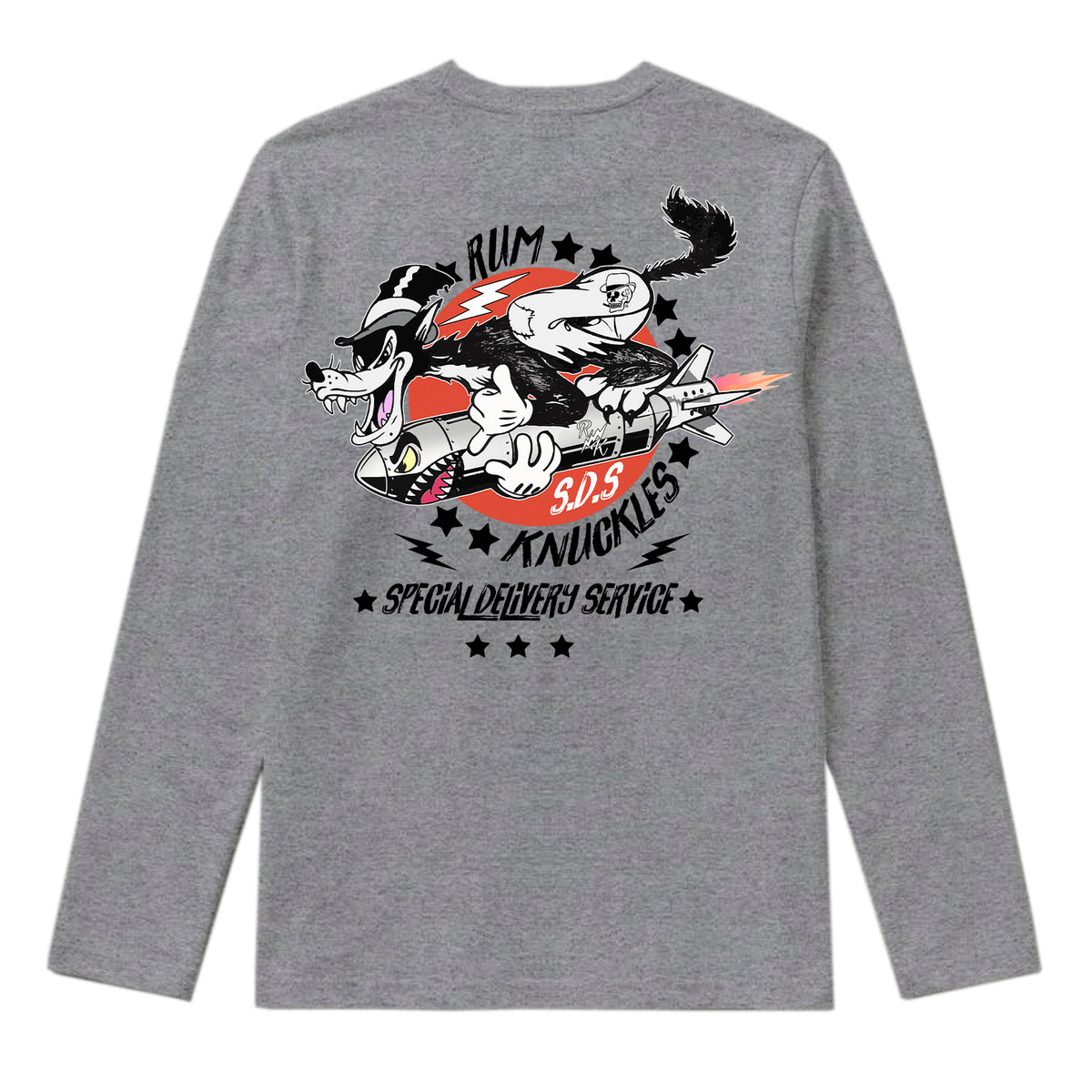RUM KNUCKLES SPECIAL DELIVERY Long Sleeve Tee - Heather Grey - back