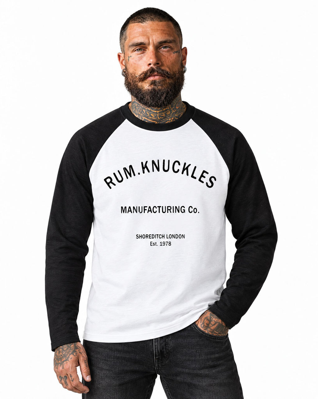 RUM KNUCKLES RK MANUFACTURING Baseball Tee - White/Black - model front