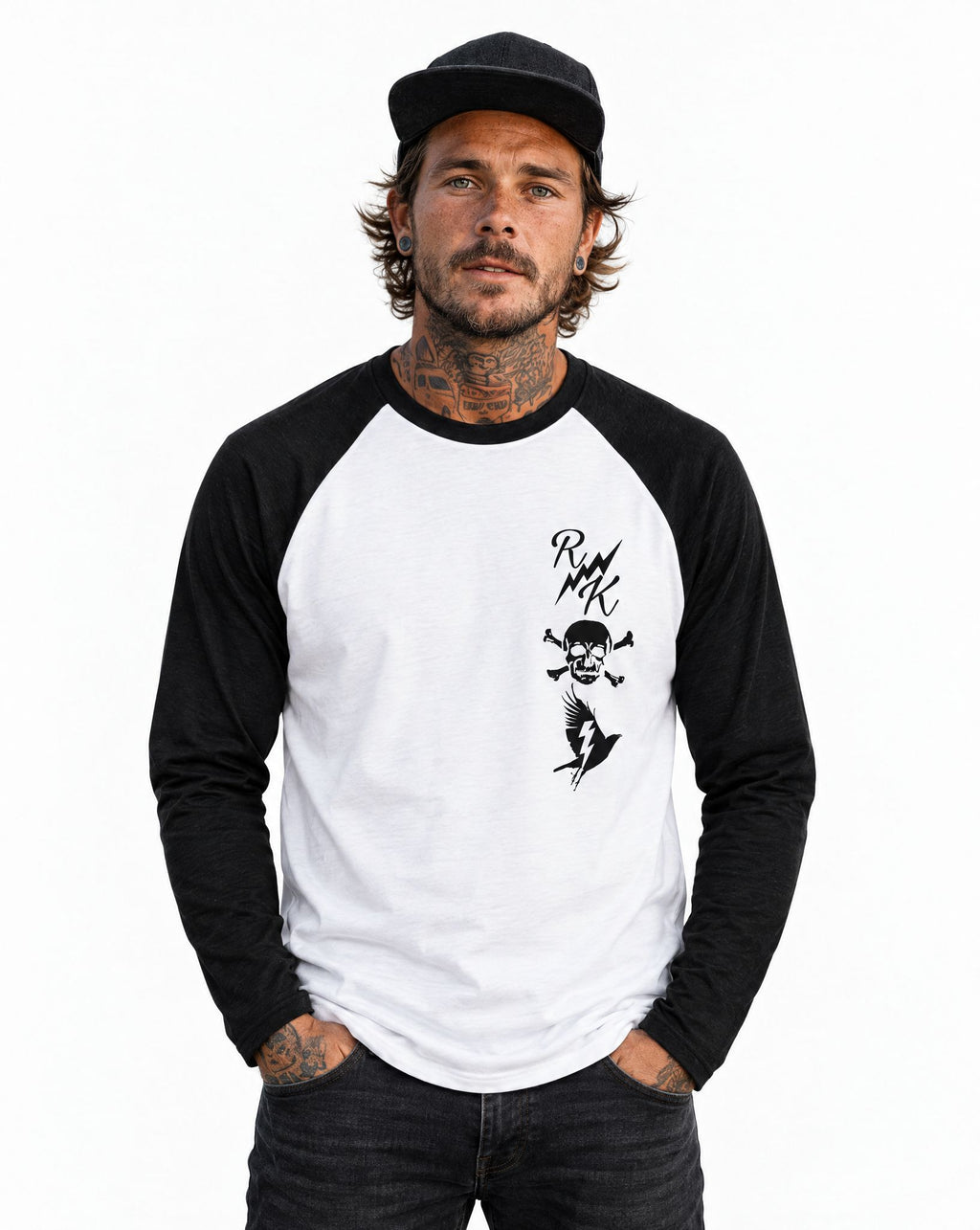 RUM KNUCKLES RK TOTEM Baseball Tee - White/Black - model front