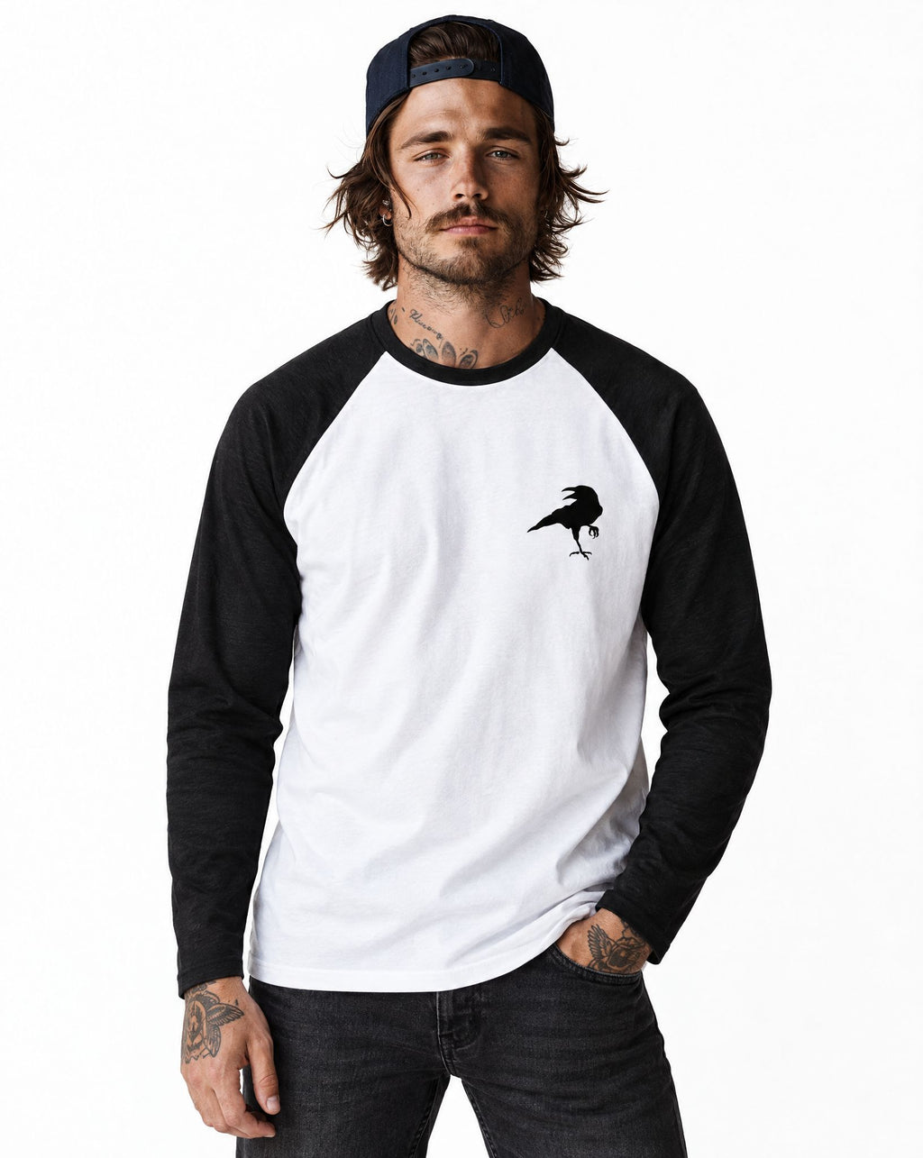 RUM KNUCKLES RAVEN CORVUS Baseball Tee - White/Black - model front