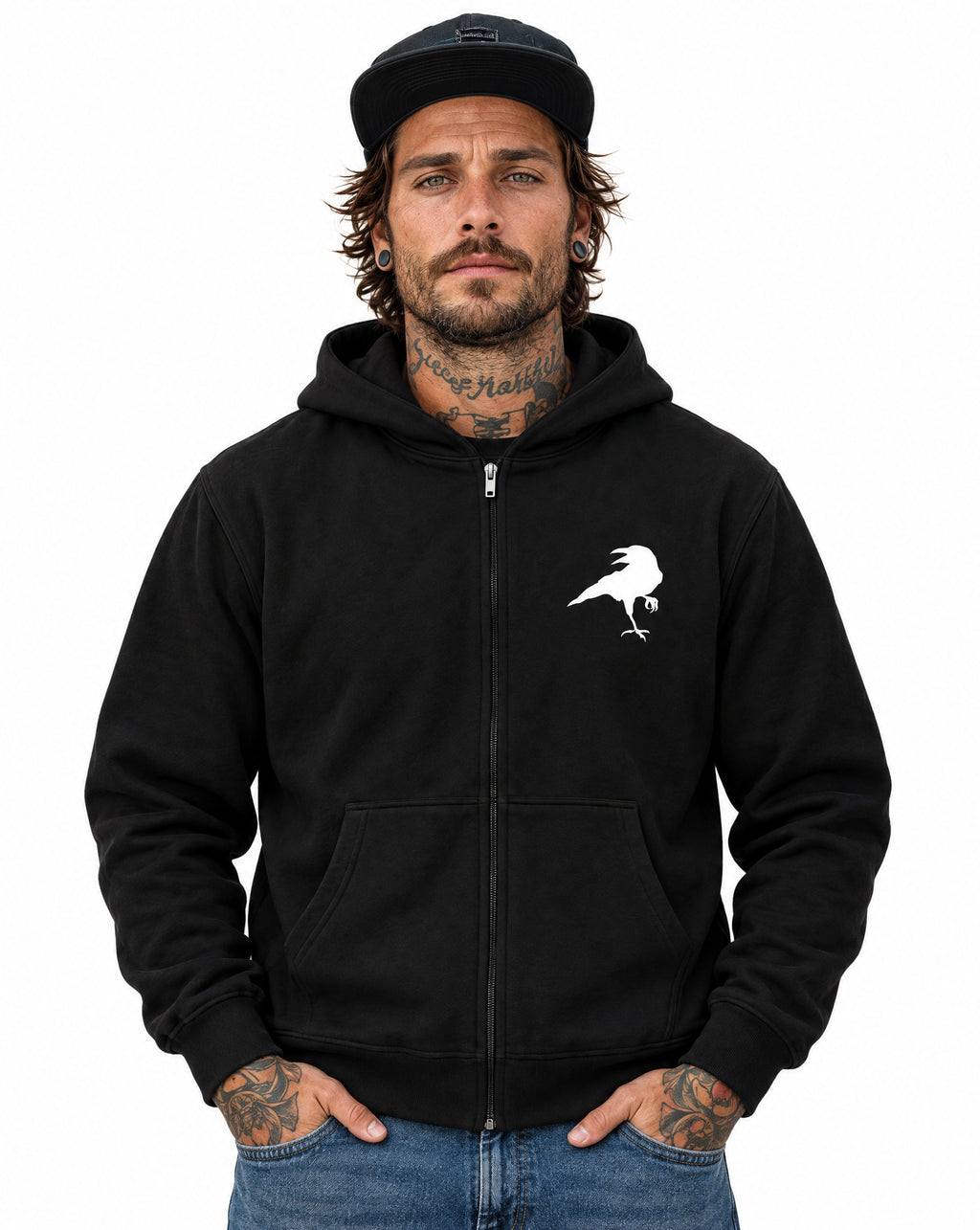 RUM KNUCKLES RAVEN CORVUS Zip Hoodie - Black - model front