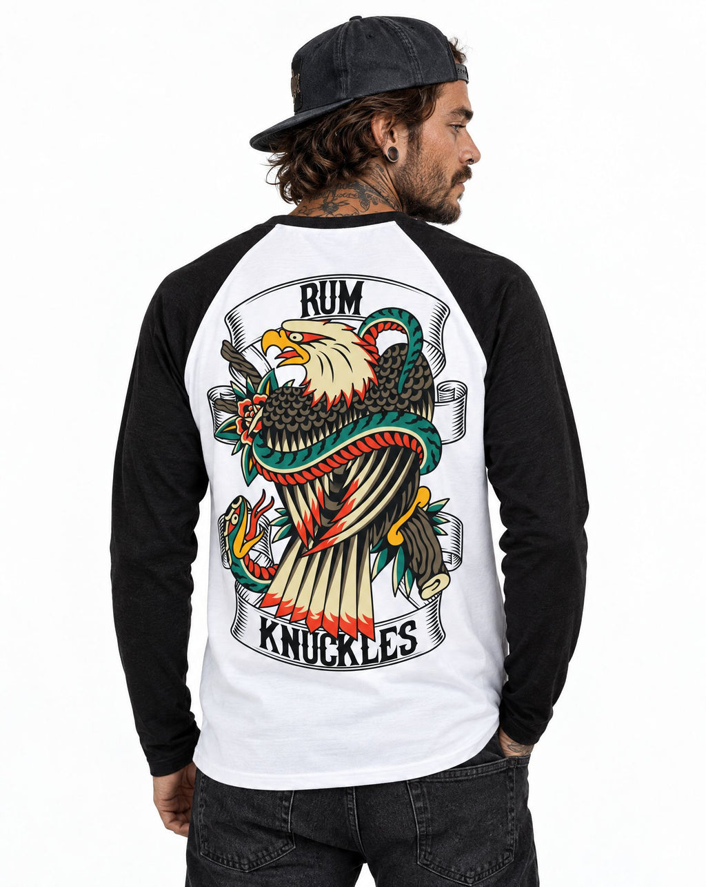 RUM KNUCKLES EAGLE V SNAKE Baseball Tee - White/Black - model back