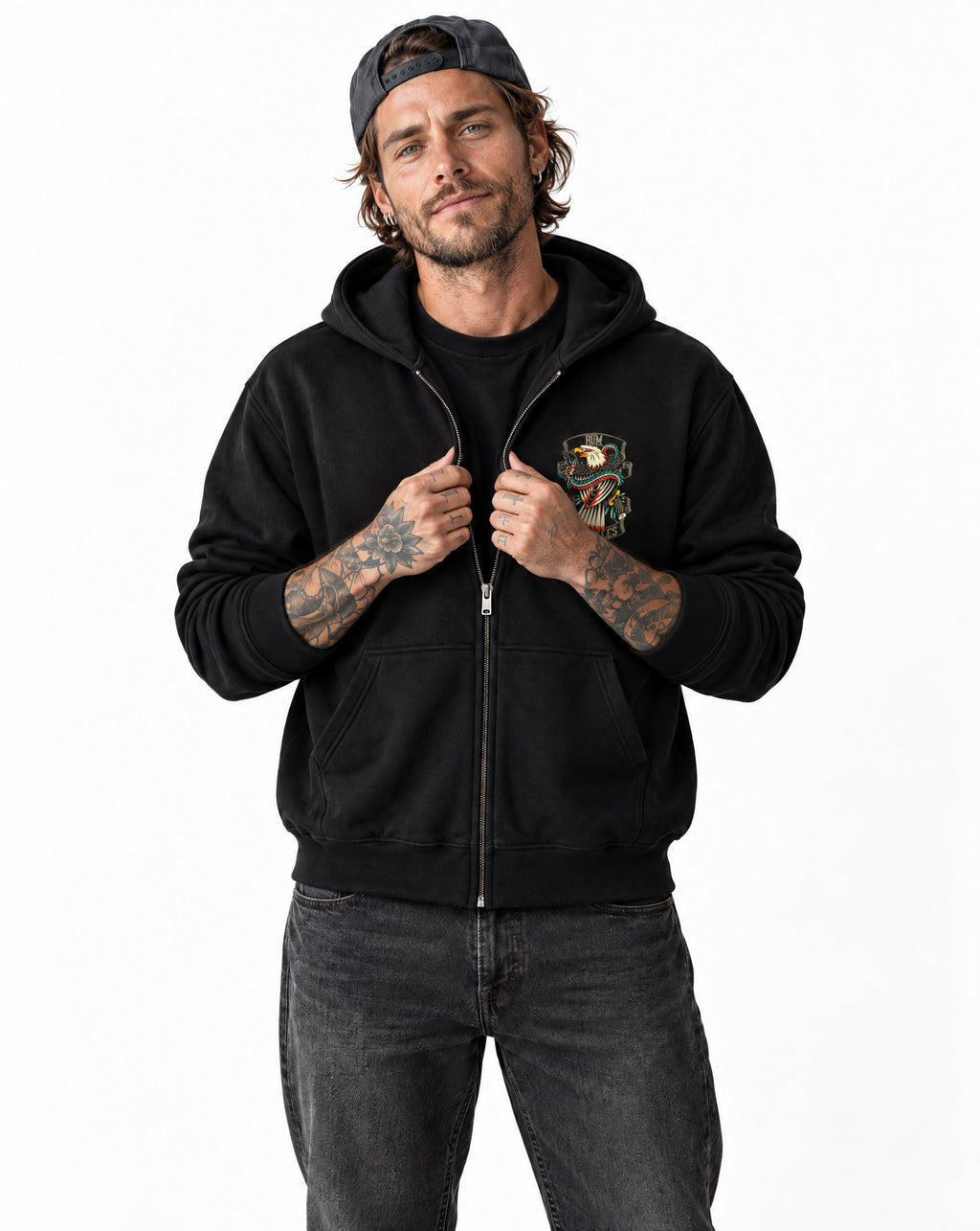 RUM KNUCKLES EAGLE V SNAKE Zip Hoodie - Black - model front