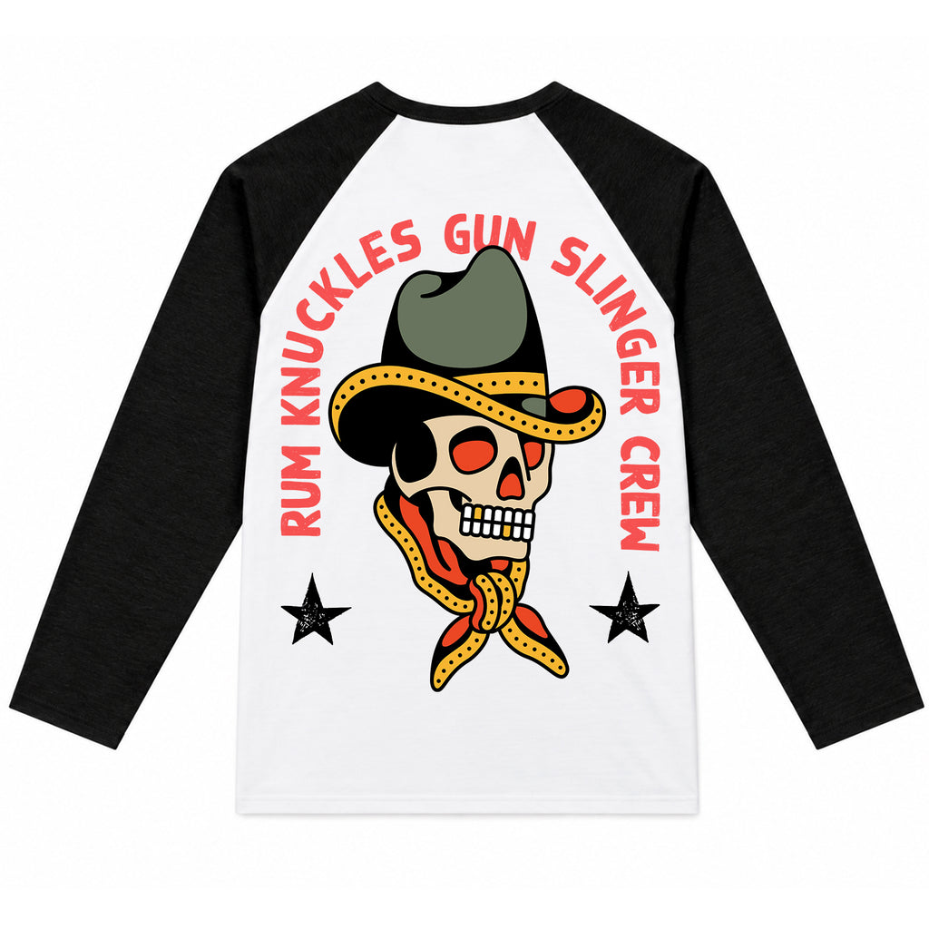 RUM KNUCKLES GUNSLINGER Baseball Tee - White/Black - back