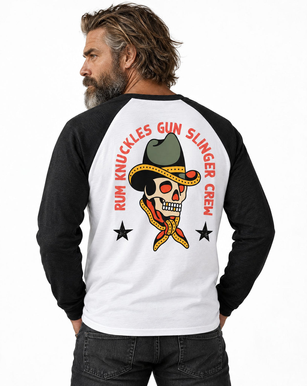 RUM KNUCKLES GUNSLINGER Baseball Tee - White/Black - model back