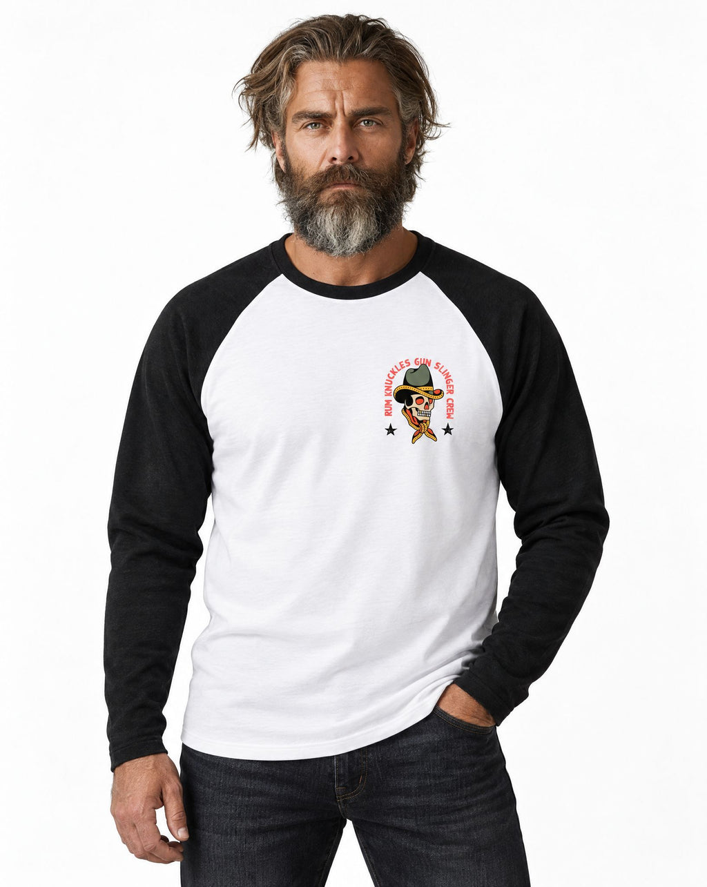 RUM KNUCKLES GUNSLINGER Baseball Tee - White/Black - model front