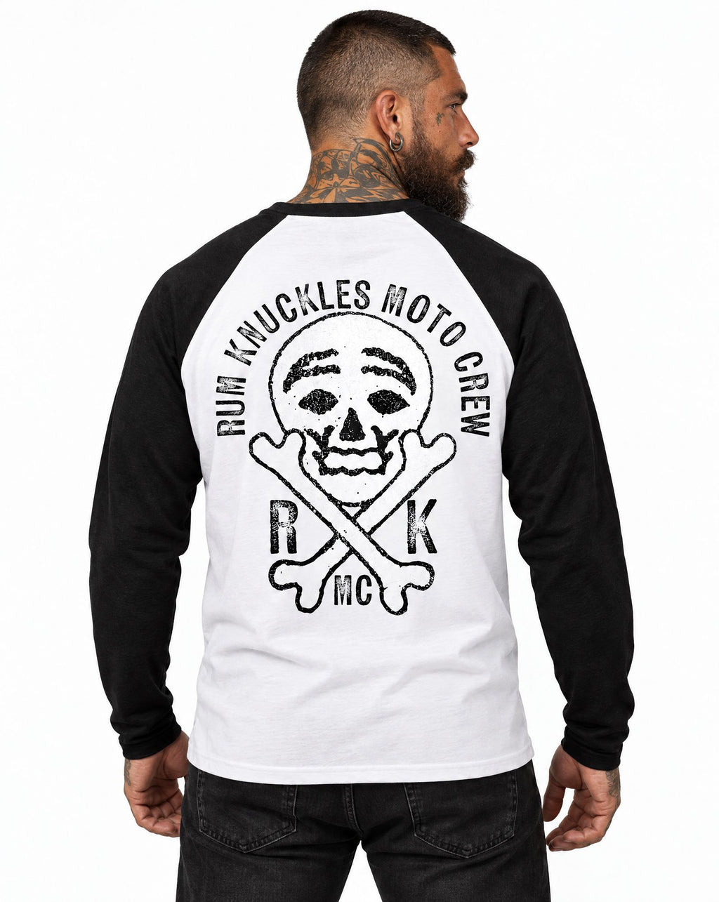 RUM KNUCKLES RK MOTO CREW Baseball Tee - White/Black - model back