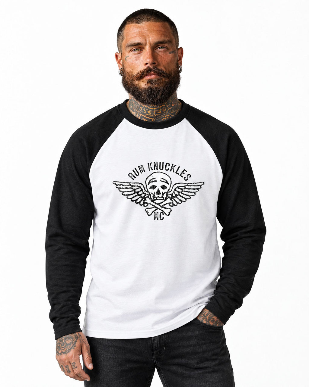 RUM KNUCKLES RK MOTO CREW Baseball Tee - White/Black - model front