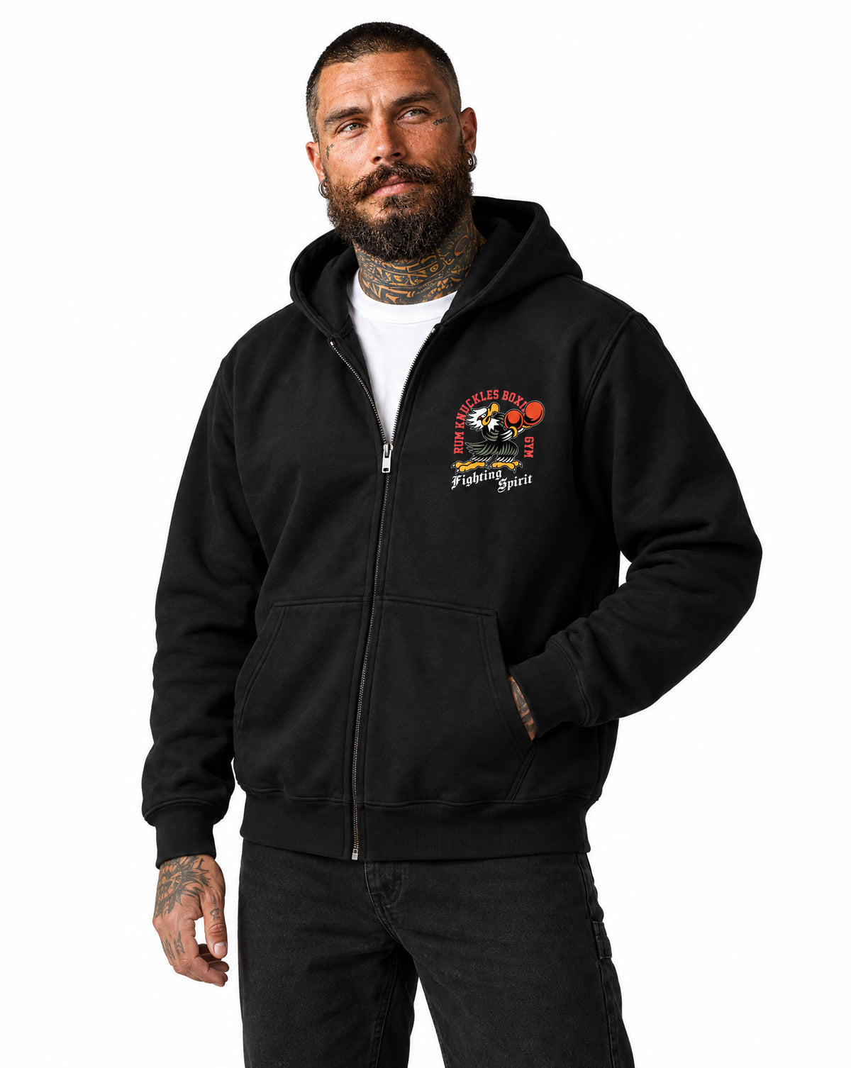 RUM KNUCKLES BOXING EAGLE Zip Hoodie - Black - model front