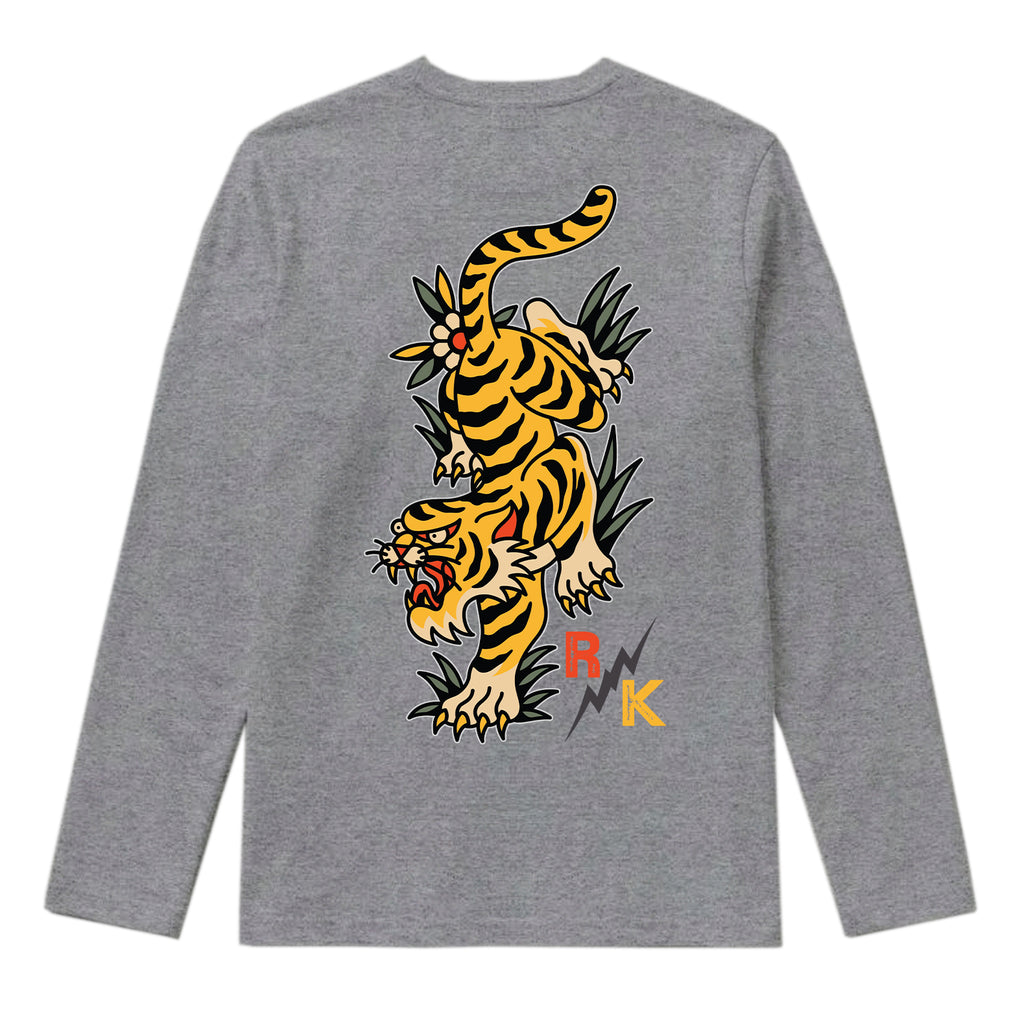 RUM KNUCKLES TATTOO TIGER Long Sleeve Tee - Heather Grey - back