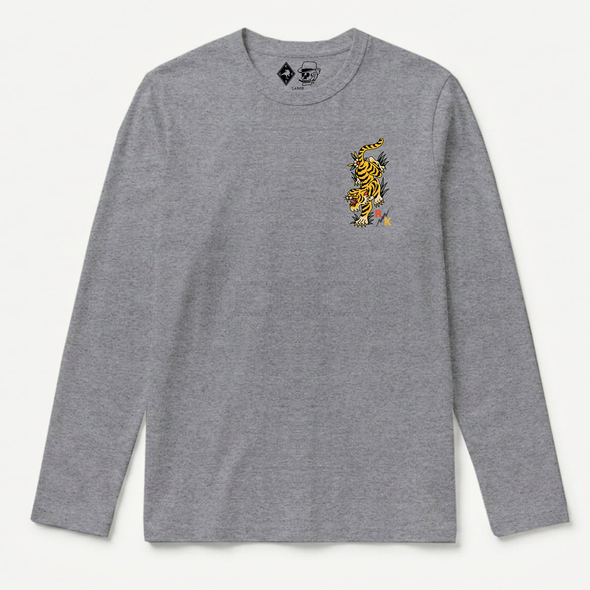 RUM KNUCKLES TATTOO TIGER Long Sleeve Tee - Heather Grey - front