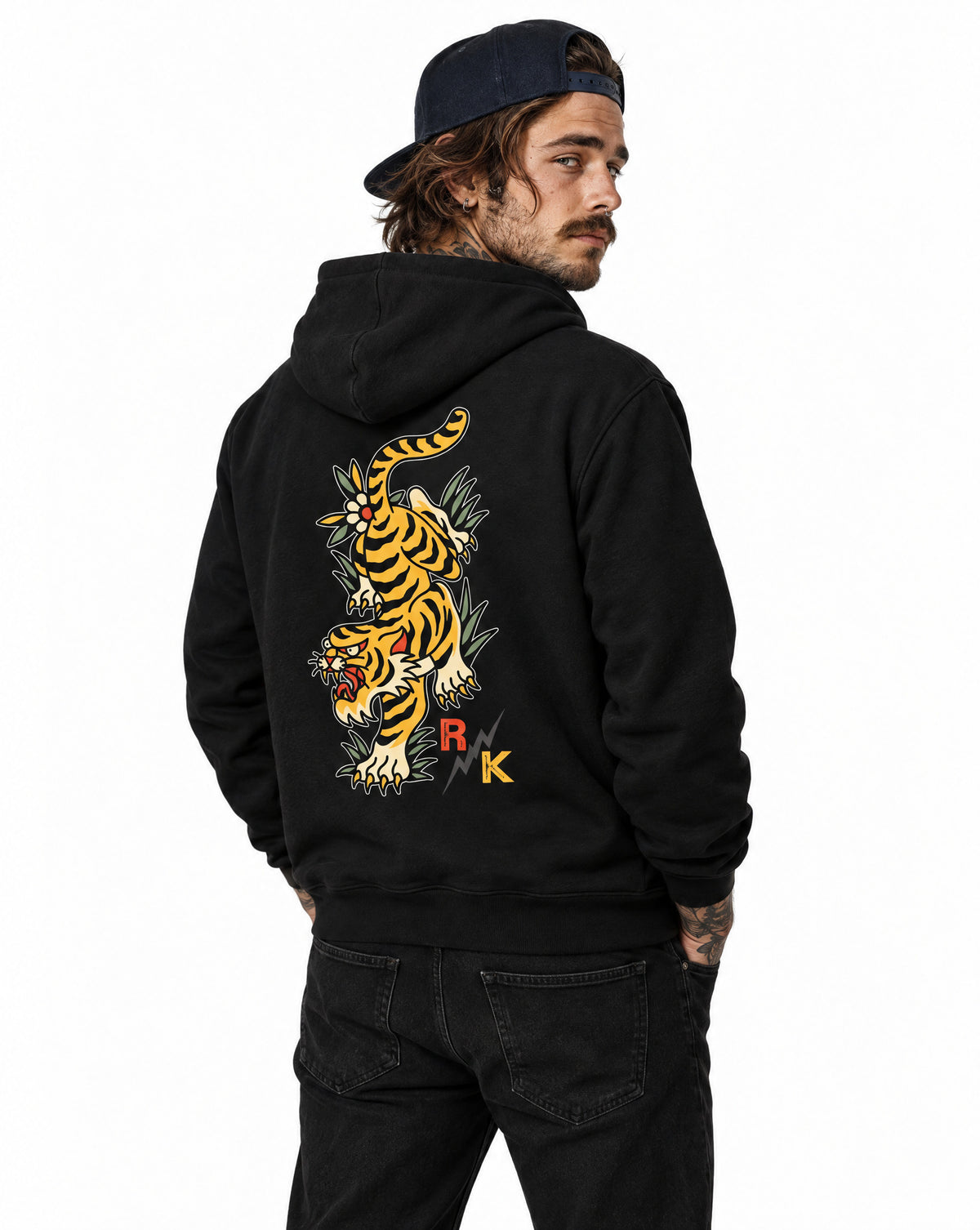 RUM KNUCKLES TATTOO TIGER Zip Hoodie - Black - model back