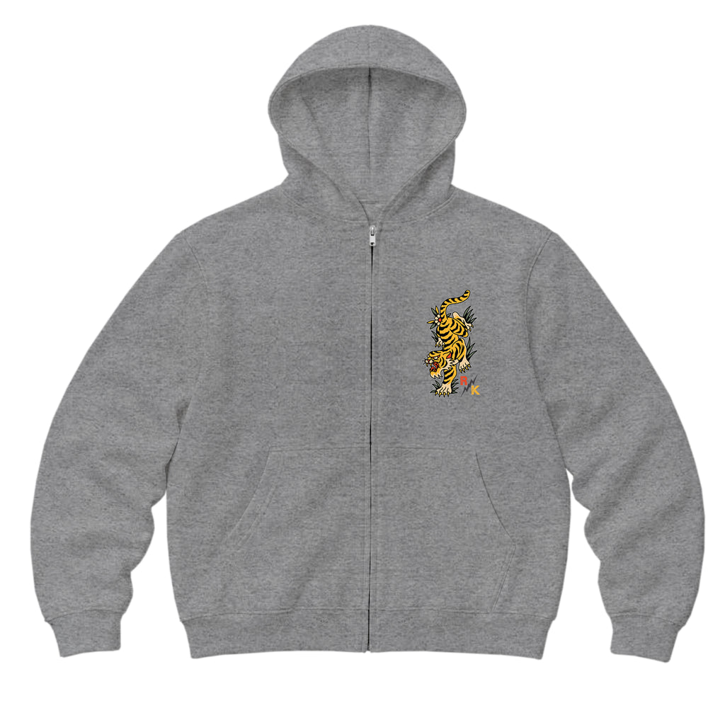 RUM KNUCKLES TATTOO TIGER Zip Hoodie - Heather Grey - front
