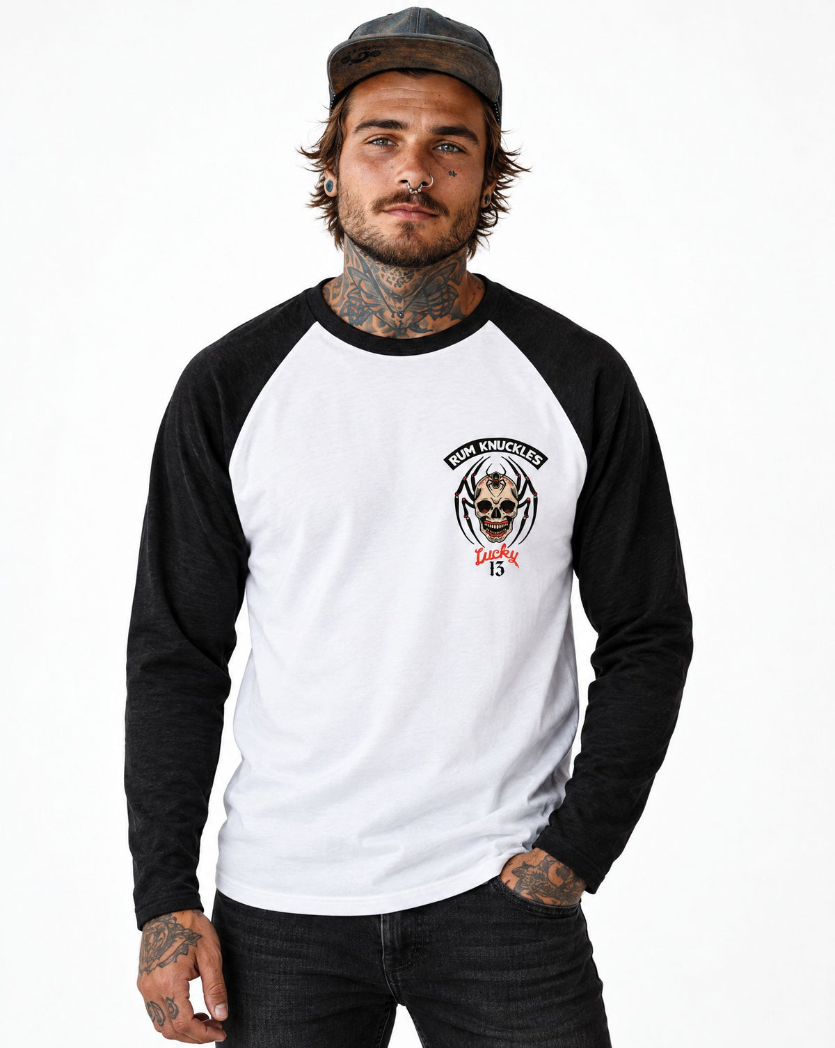 RUM KNUCKLES SPIDER 13 Baseball Tee - White/Black - model front