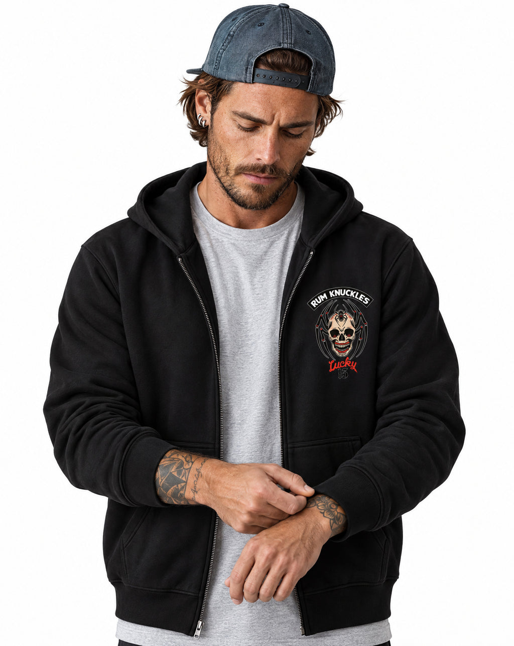RUM KNUCKLES SPIDER 13 Zip Hoodie - Black - model front