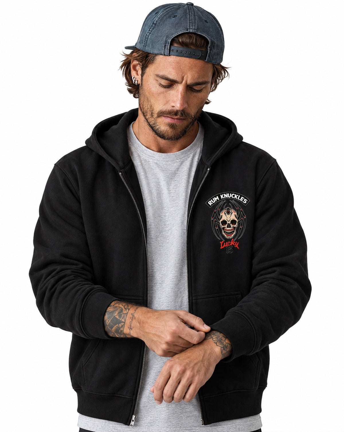 RUM KNUCKLES SPIDER 13 Zip Hoodie - Black - model front