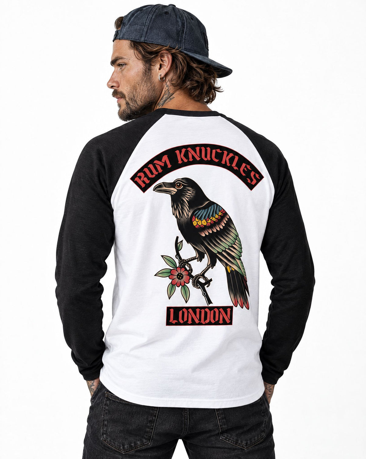 RUM KNUCKLES RVN TOWER Baseball Tee - White/Black - model back