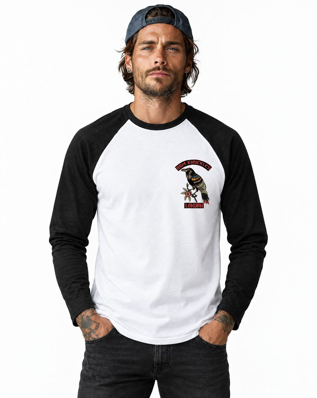 RUM KNUCKLES RVN TOWER Baseball Tee - White/Black - model front
