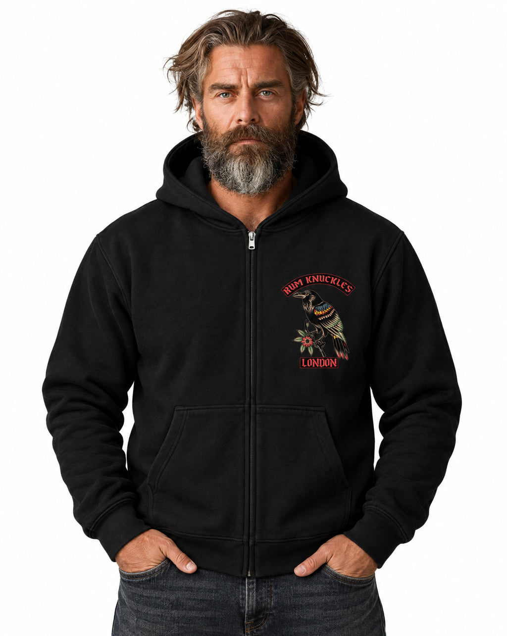 RUM KNUCKLES RVN TOWER Zip Hoodie - Black - model front