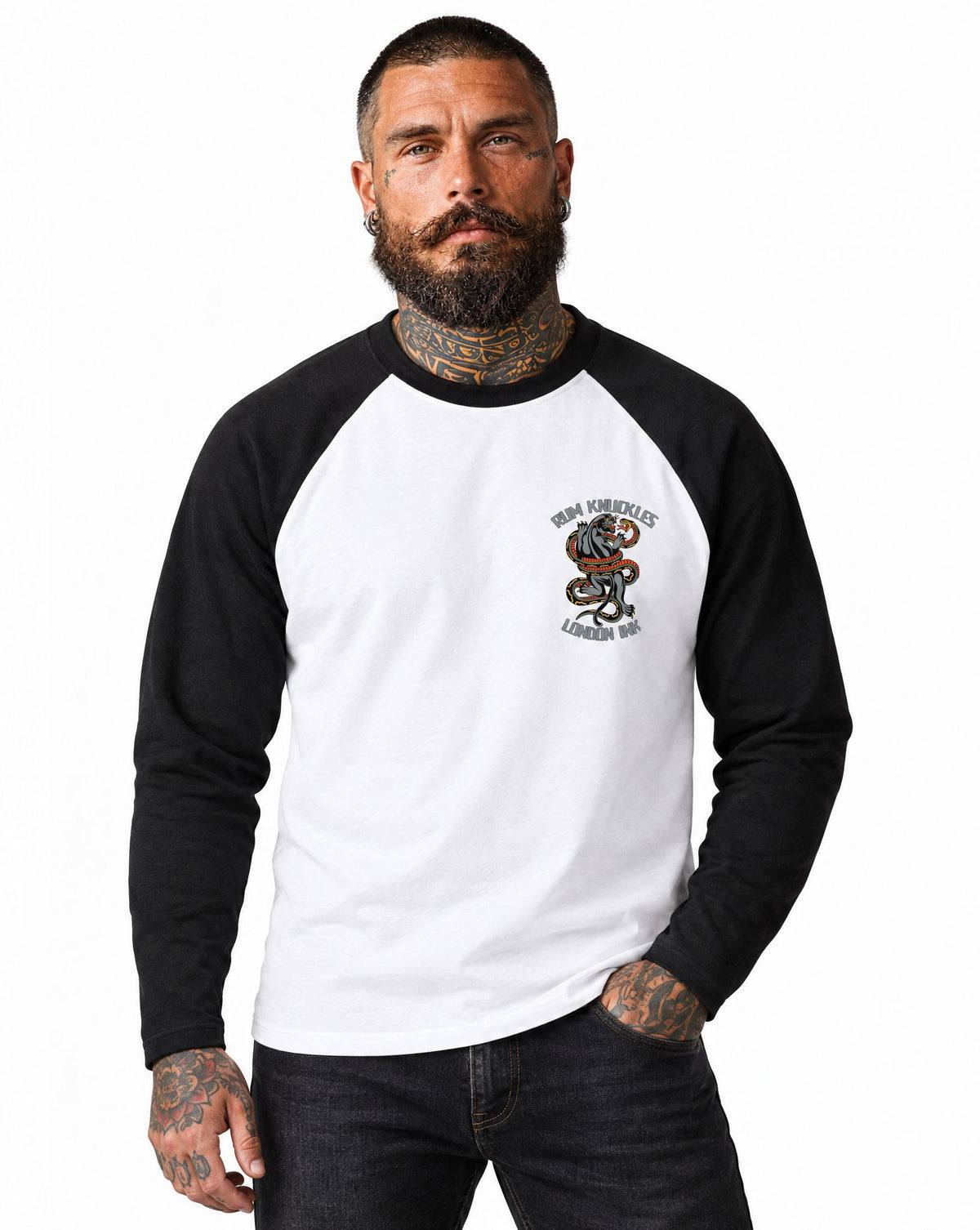 RUM KNUCKLES RK INK Baseball Tee - White/Black - model front